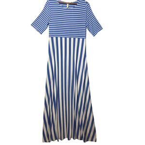 Matilda Jane Maxi Dress Women’s Large Blue White Striped Short Sleeve A-Line